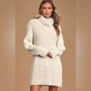 Lulu’s Sweet Whispers Ivory Multicolor Eyelash Knit Turtleneck Sweater Dress